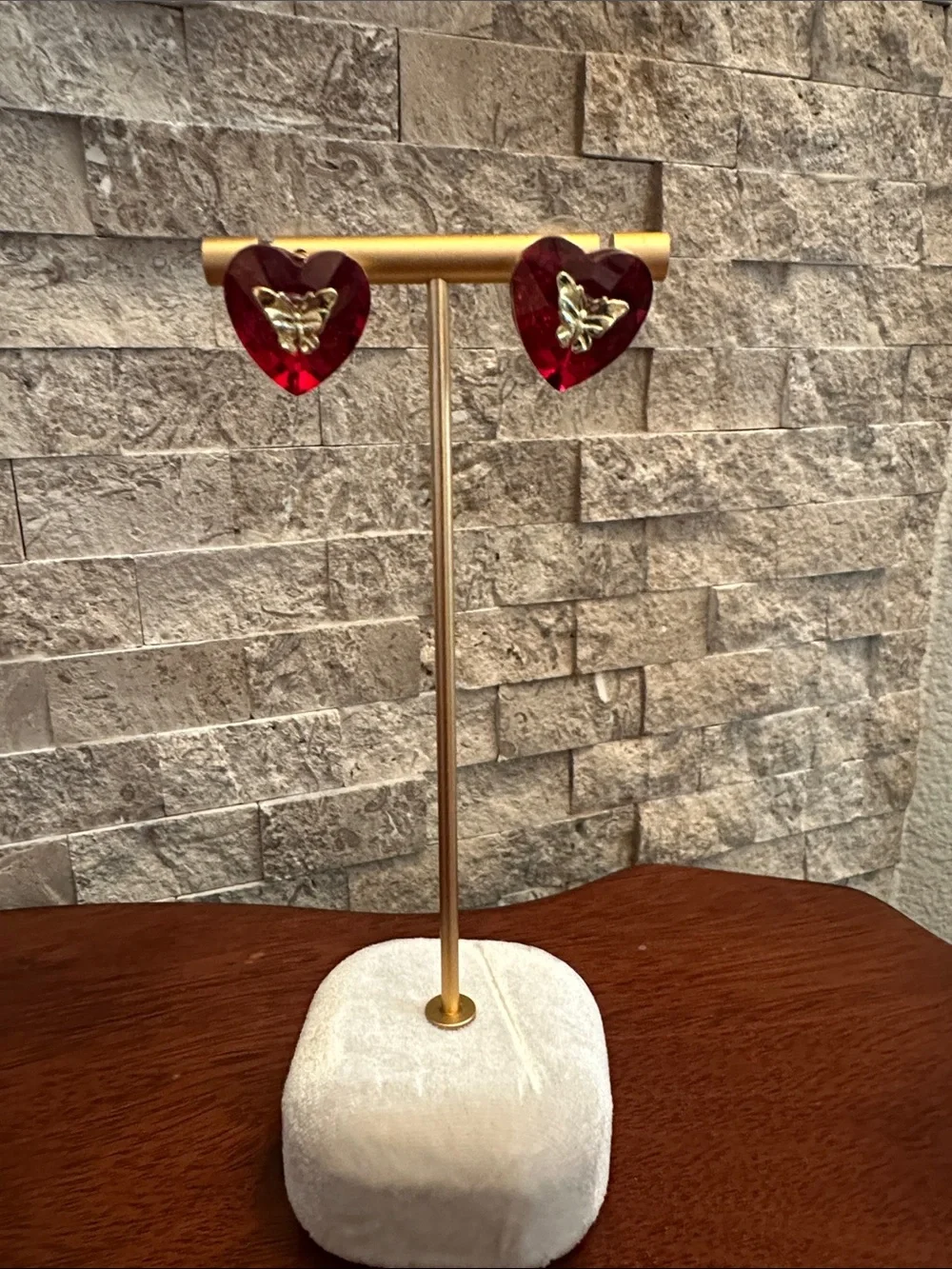 Red Heart Crystal Earrings with Gold Accent